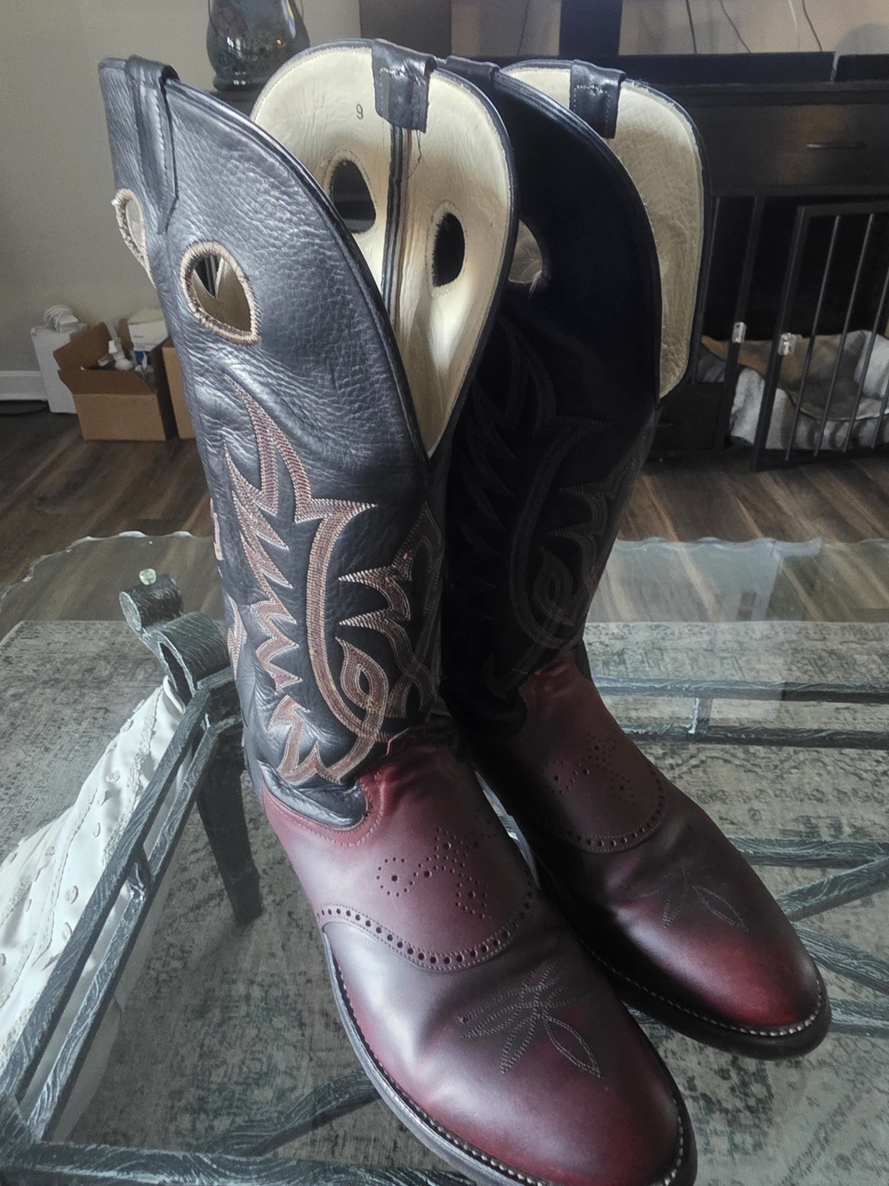 Men's Two-Tone Black and Burgundy Western Cowboy Boots - Classic Stitch Detail